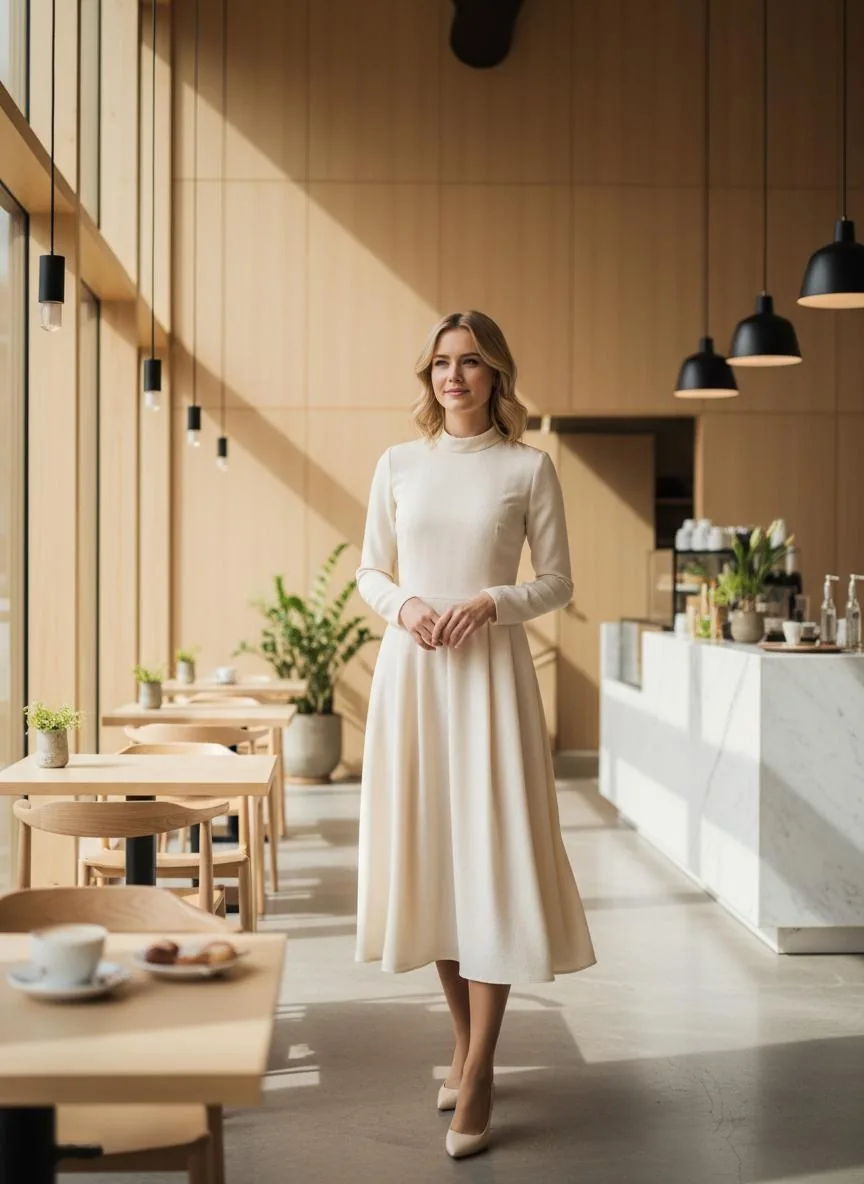 Elegant sugar baby in modern Finnish cafe