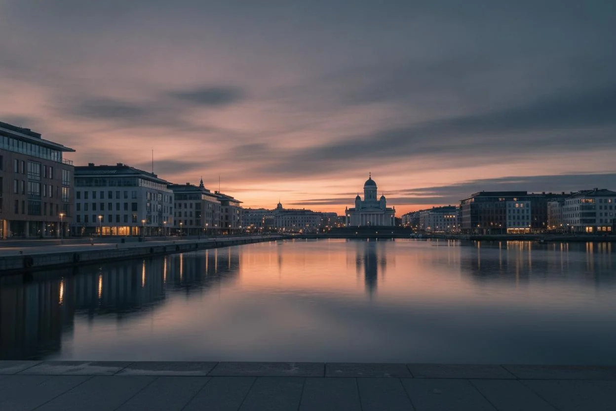 Helsinki Finland waterfront cityscape at dusk