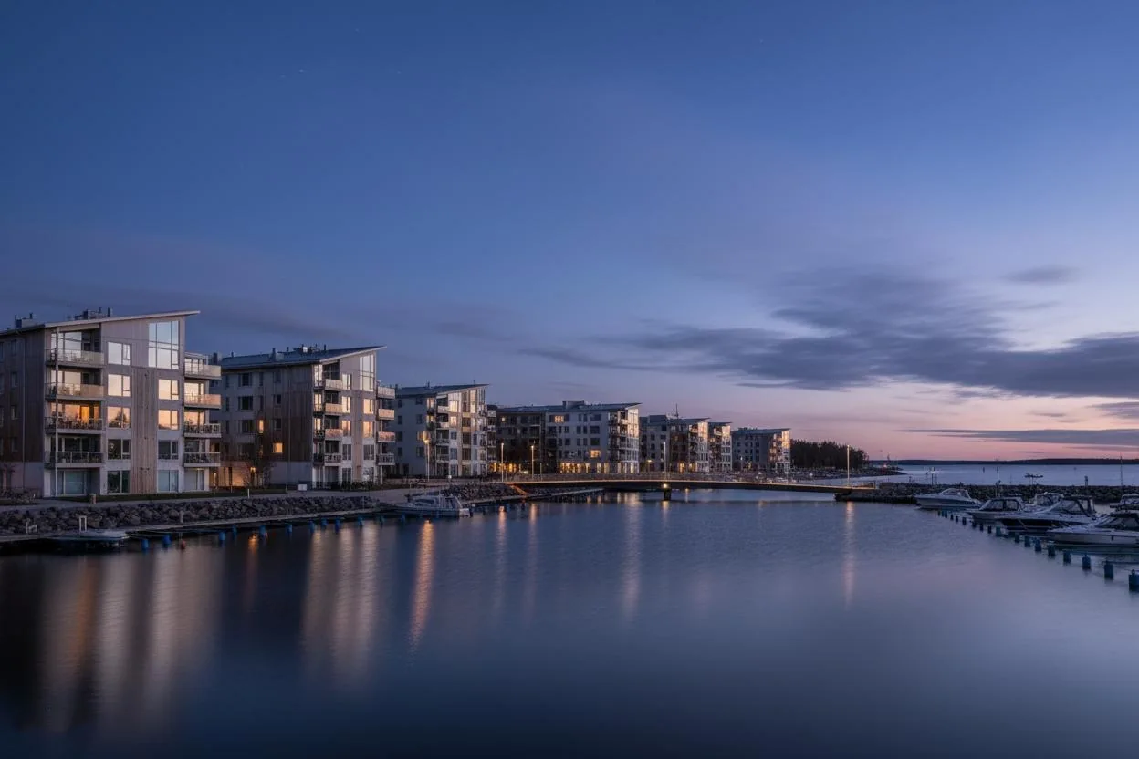 Oulu waterfront modern architecture at blue hour
