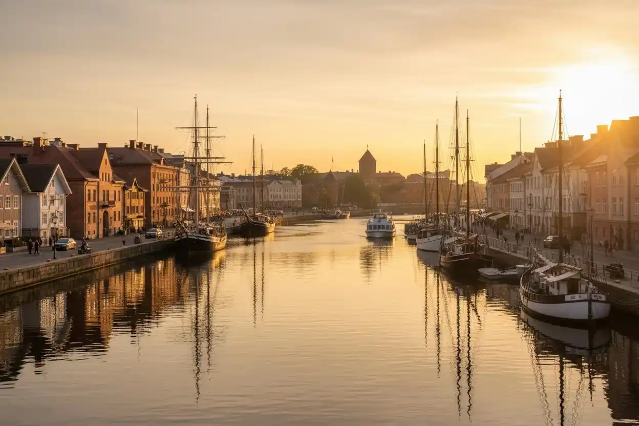 Turku historic riverfront with sailing ships at sunset